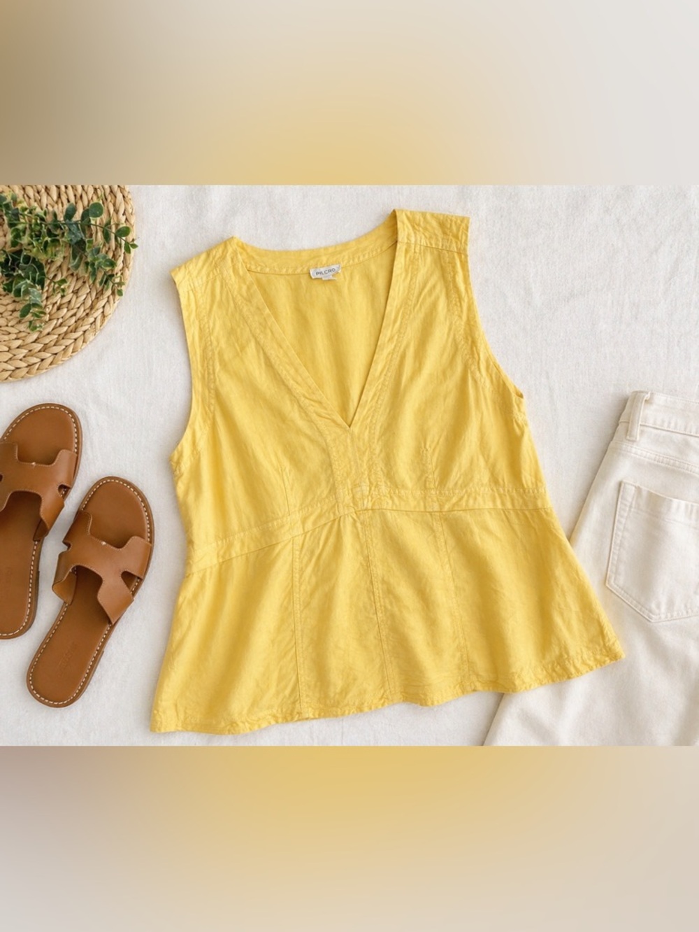 Pilcro Yellow Linen Cotton Blend Sleeveless Blouse V-Neck Flowy Top Size M